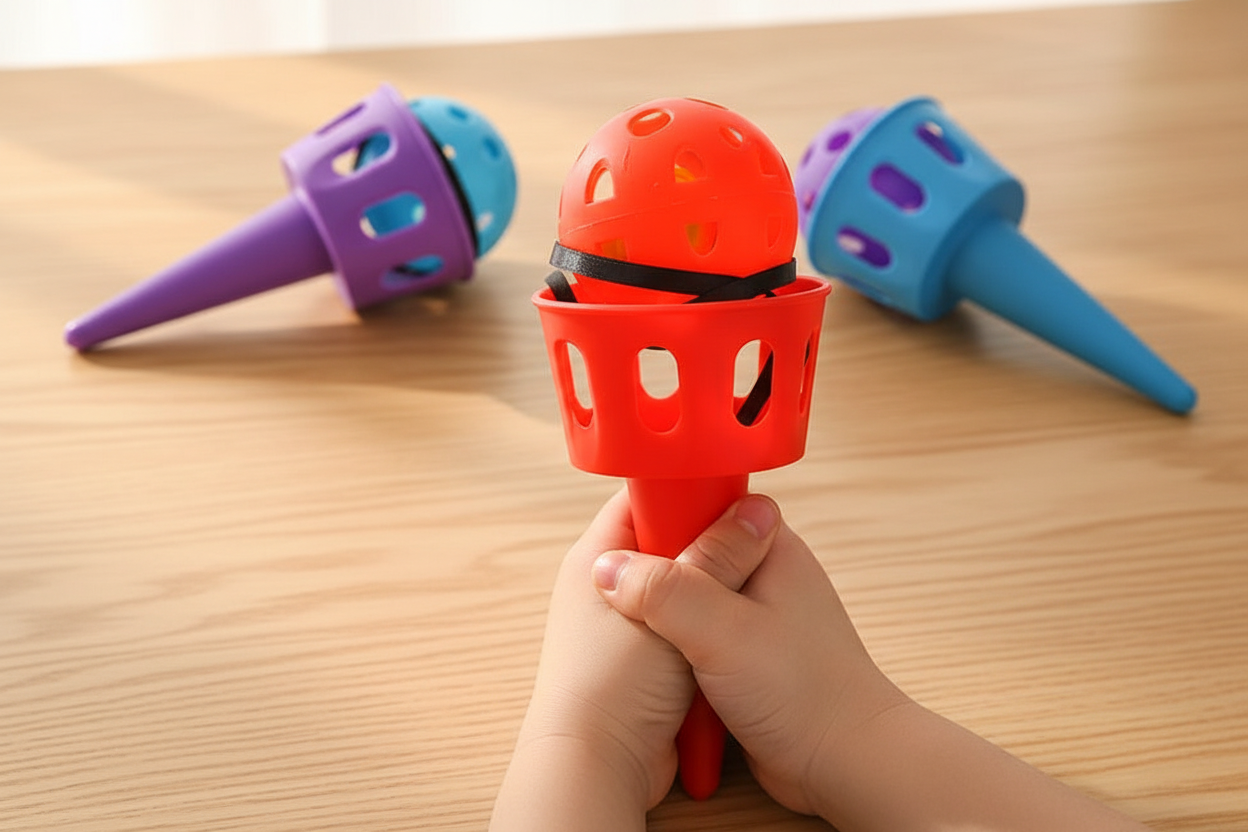 Détail des trois variantes colorées du jeu catch balle