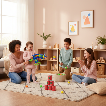 Famille jouant ensemble avec défis adaptés