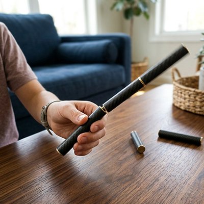 Jouet anti stress • Matériaux: fibre de carbone + laiton; aimants néodyme à chaque extrémité