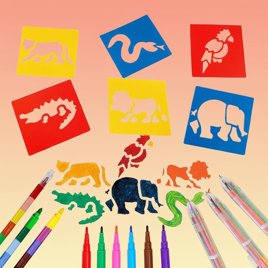 pochoirs animaux colorés avec des feutres