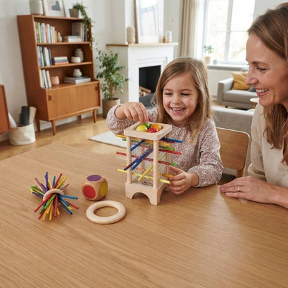 Jouet éducatif en bois 3 en 1 chute de balles et insertion de bâtons