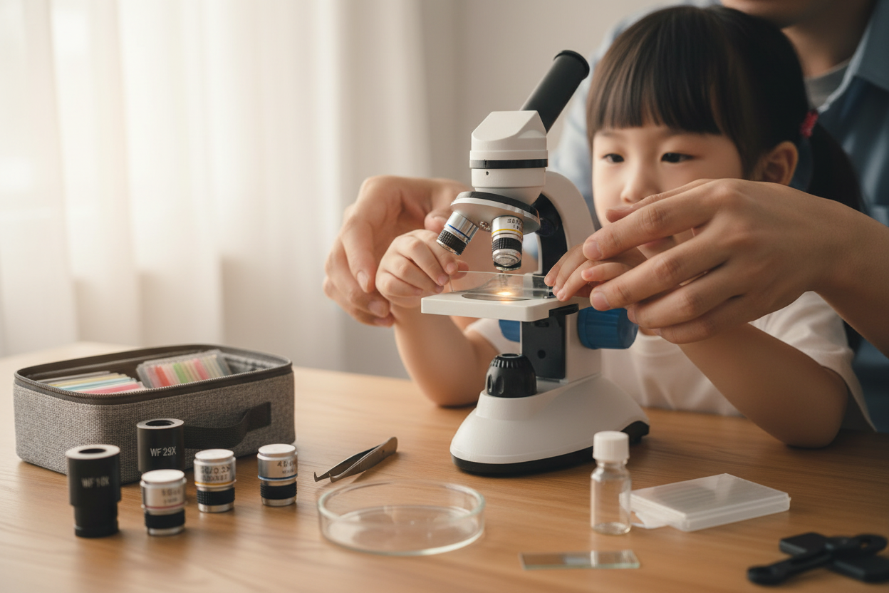 Mains d'enfant et parent préparant une lame ensemble