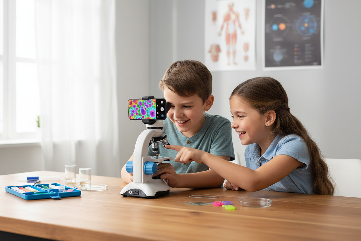 Enfants partageant leurs découvertes via smartphone