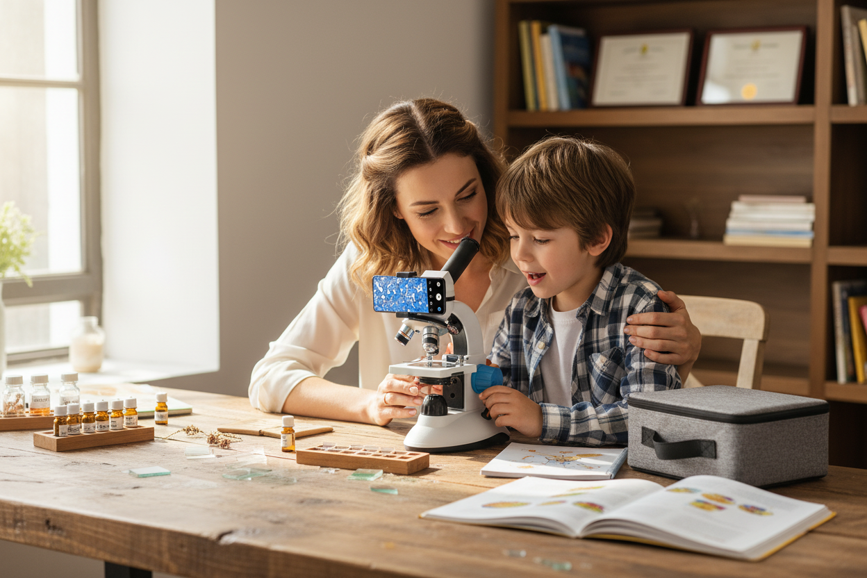 Parent et enfant découvrant ensemble le monde microscopique