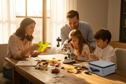 Toute la famille réunie autour du microscope pour une exploration scientifique