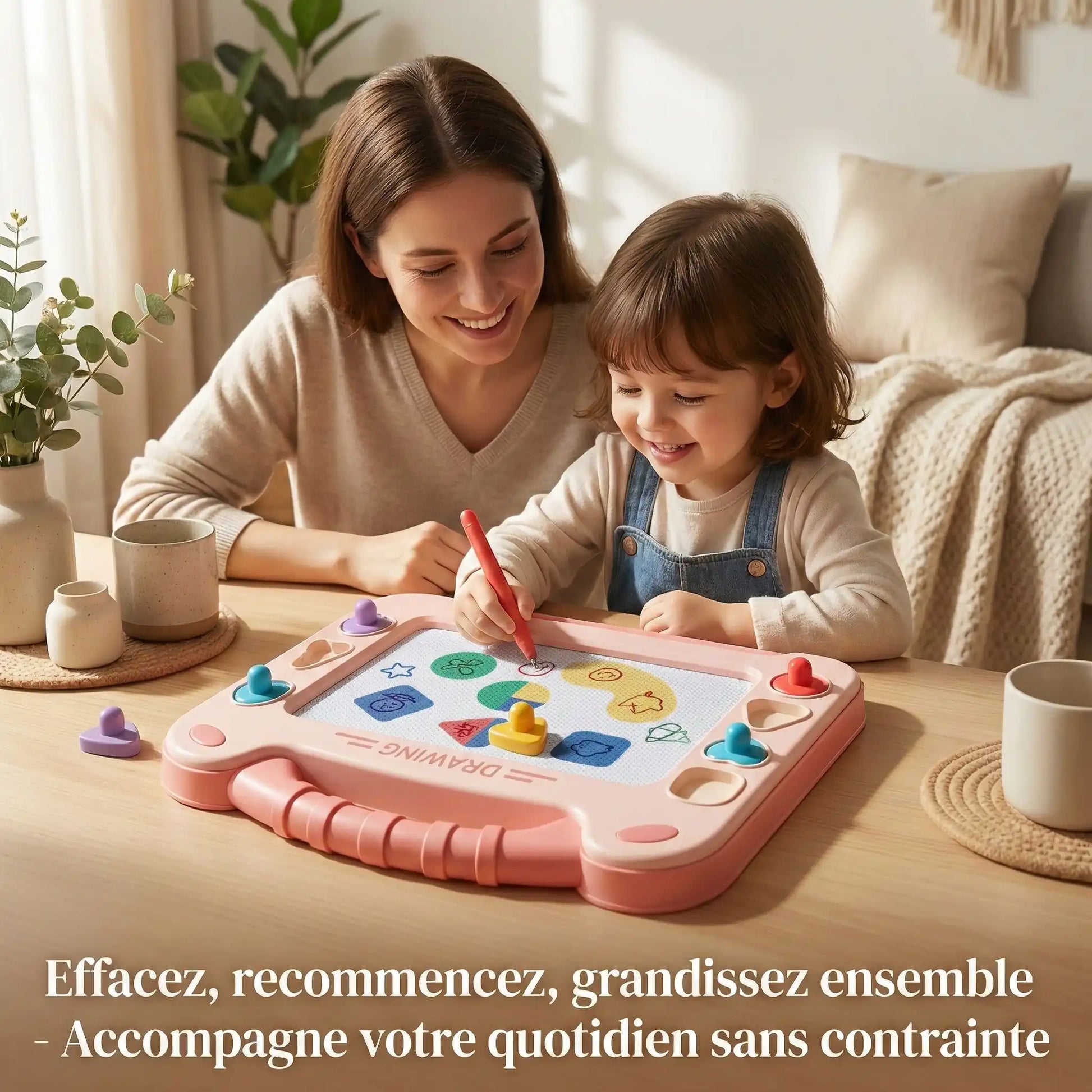  Enfant utilisant stylo magnétique sur 4 zones colorées, créant dessins simples. 