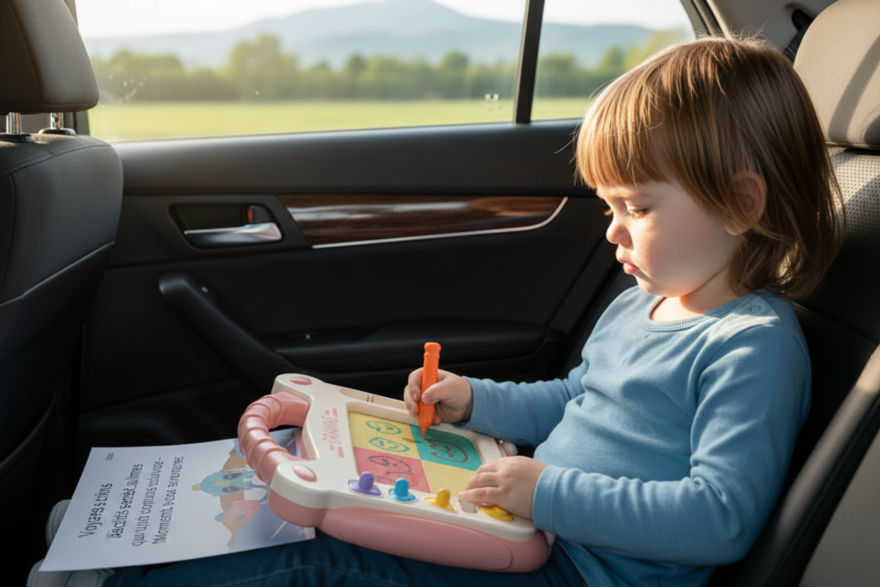 Enfant dessinant planche magnétique voiture voyage serein calme