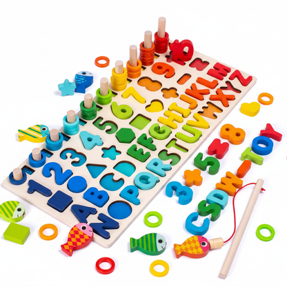 Planche Montessori chiffres colorés 1-10 en dégradé arc-en-ciel, lettres A-Z, formes géométriques (cercles, triangles, carrés, étoiles), 10 anneaux empilables arc-en-ciel sur tiges, 3 poissons en bois à motifs, stylo magnétique attaché