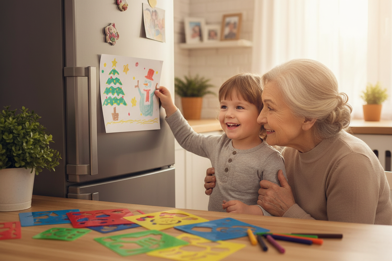 Pochoir dessin enfant – fierté partagée dessin affiché sur frigo