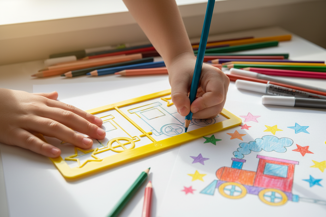 Pochoir dessin enfant – premiers dessins réussis train et étoiles