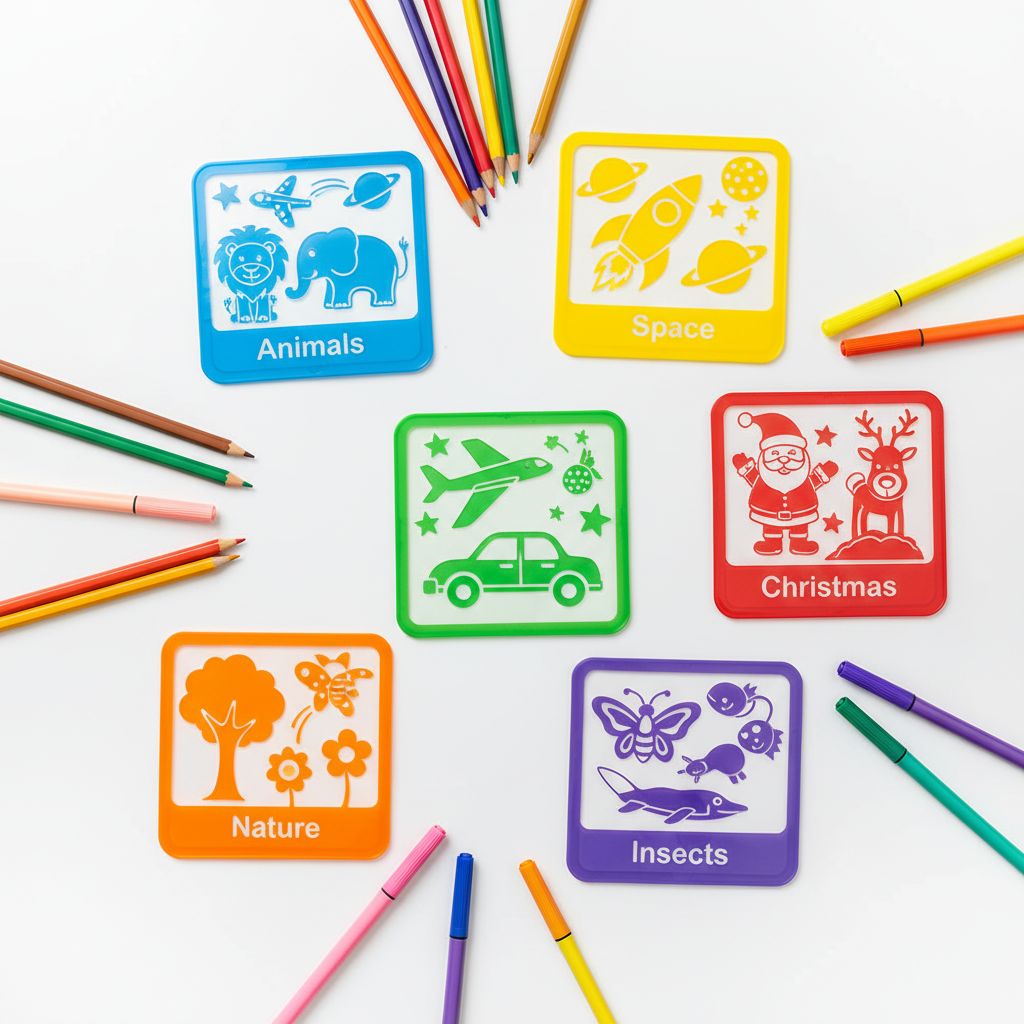 Pochoirs dessin réutilisables enfants 6 pièces – flat lay produit