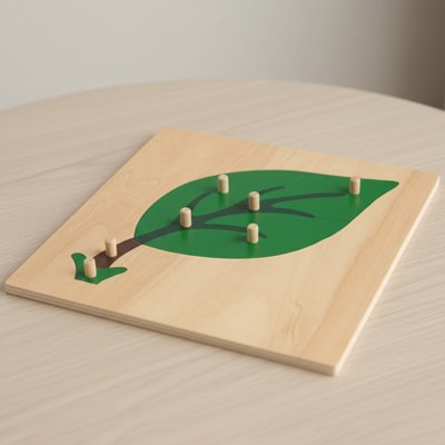 Puzzle botanique Montessori – Feuille en bois Favorise la coordination œil–main et la motricité fine grâce aux boutons de préhension.