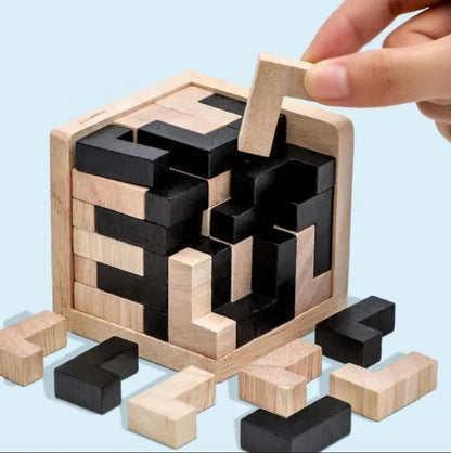 Puzzle en Bois 3D en Forme Cube - Blocs Tetris - Jeu Éducatif Enfant