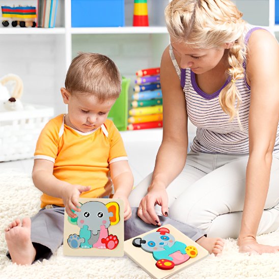 Puzzle enfant • Langage et éveil: enrichir le vocabulaire (animaux, couleurs, positions), raconter ce que l’on construit.