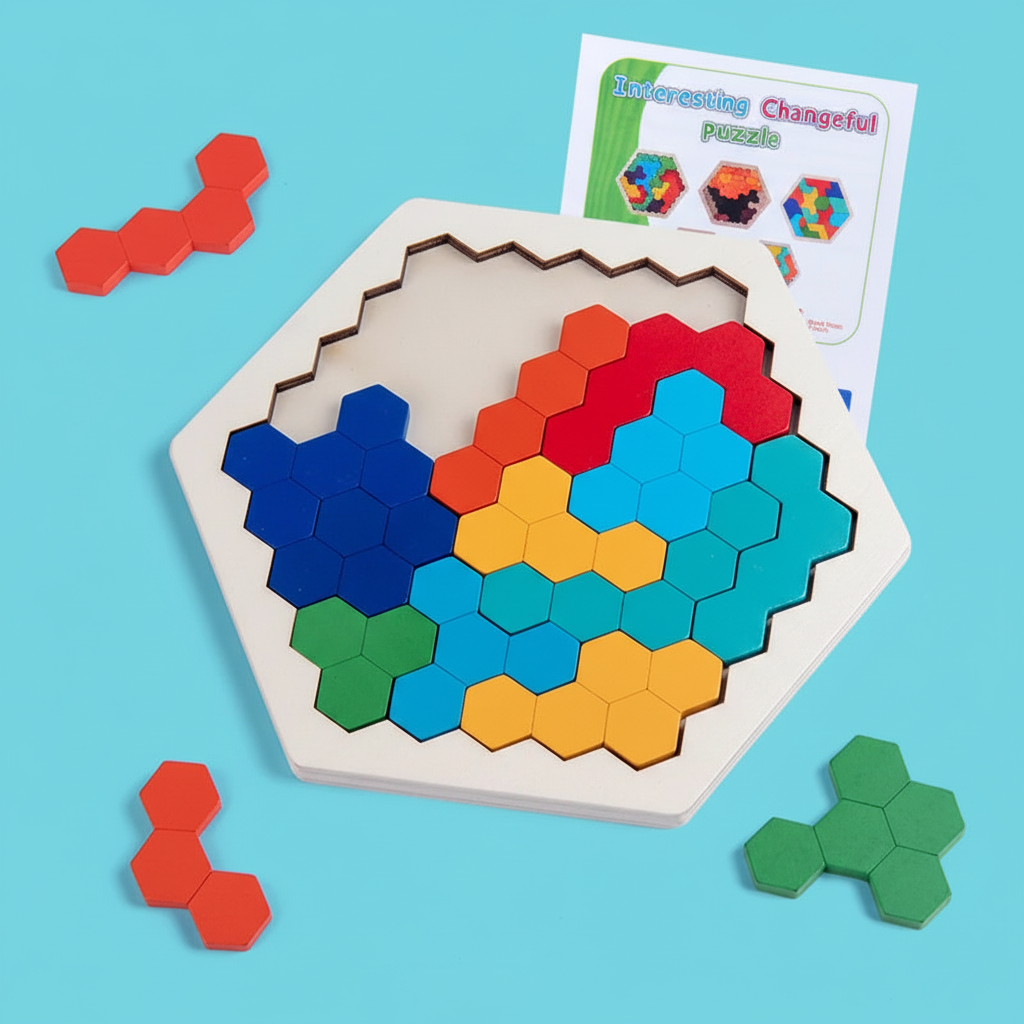 Puzzle tangram hexagonal coloré avec pièces arc-en-ciel sur fond turquoise