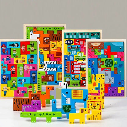 Puzzles 3D en Bois de Dessin Animé - Jeu Tetris - Jeu Éducatif Enfant
