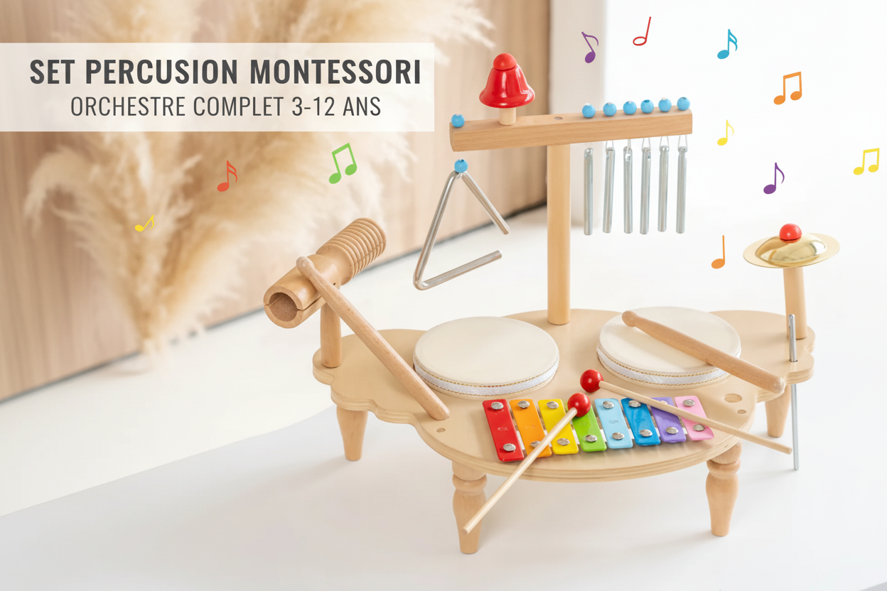 set percussion Montessori bois enfant, xylophone tambour gong 3–12 ans