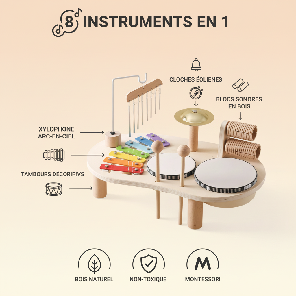 Infographie table musicale Montessori 8 instruments en 1 - xylophone tambours cloches - bois naturel non-toxique"
