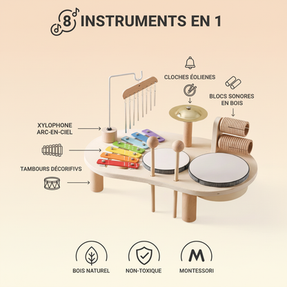 Infographie table musicale Montessori 8 instruments en 1 - xylophone tambours cloches - bois naturel non-toxique"