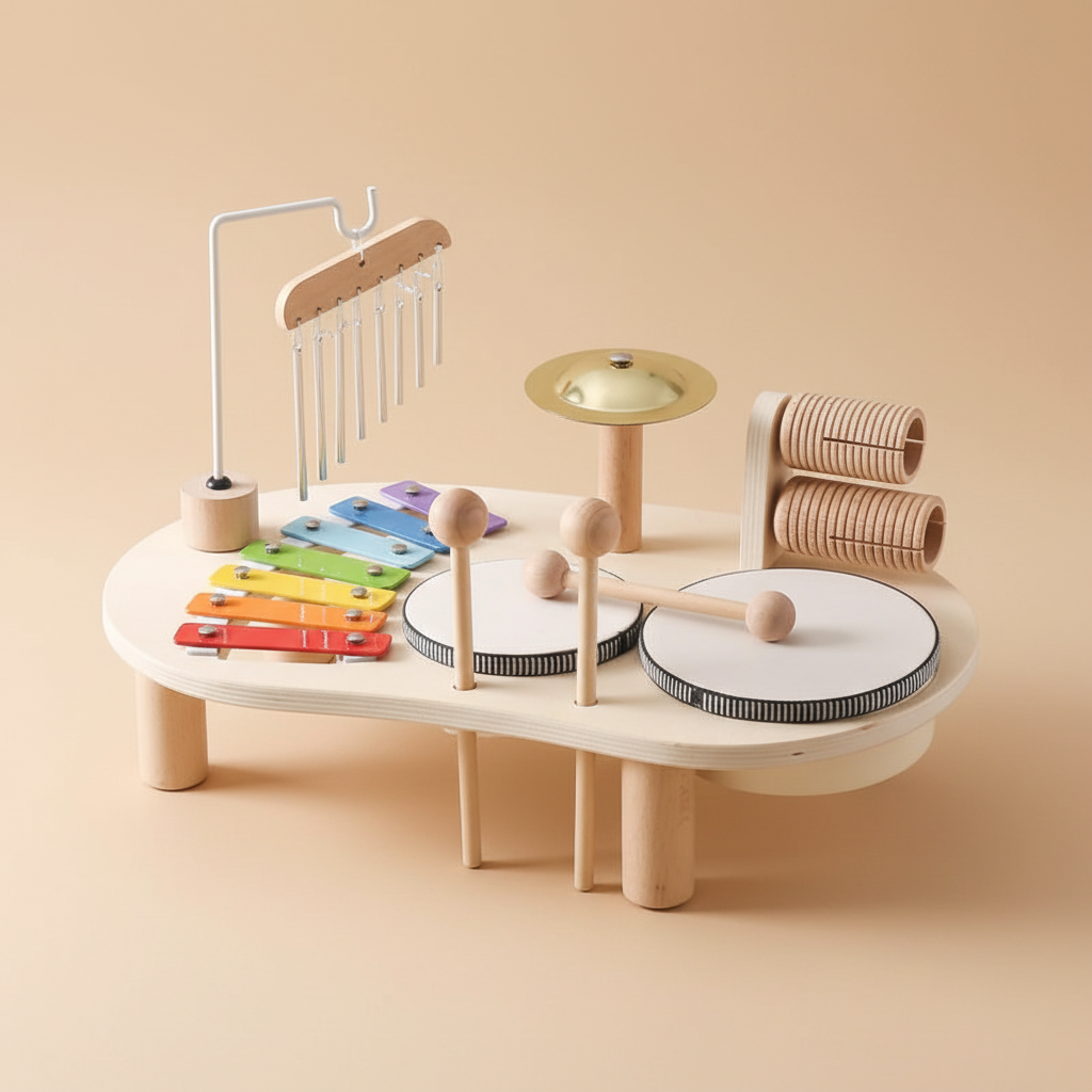 Table musicale Montessori complète - xylophone arc-en-ciel tambours cloches cymbale - éveil musical bois naturel 1-6 ans"