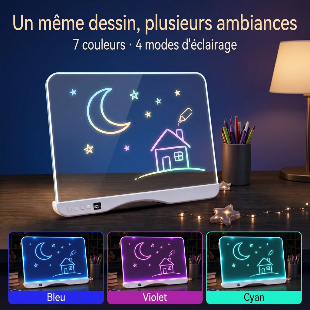 tableau néon lumineux avec marqueurs pour enfants