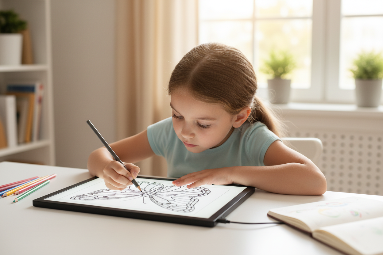 Fillette 7 ans utilisant tablette lumineuse LED pour tracer papillon